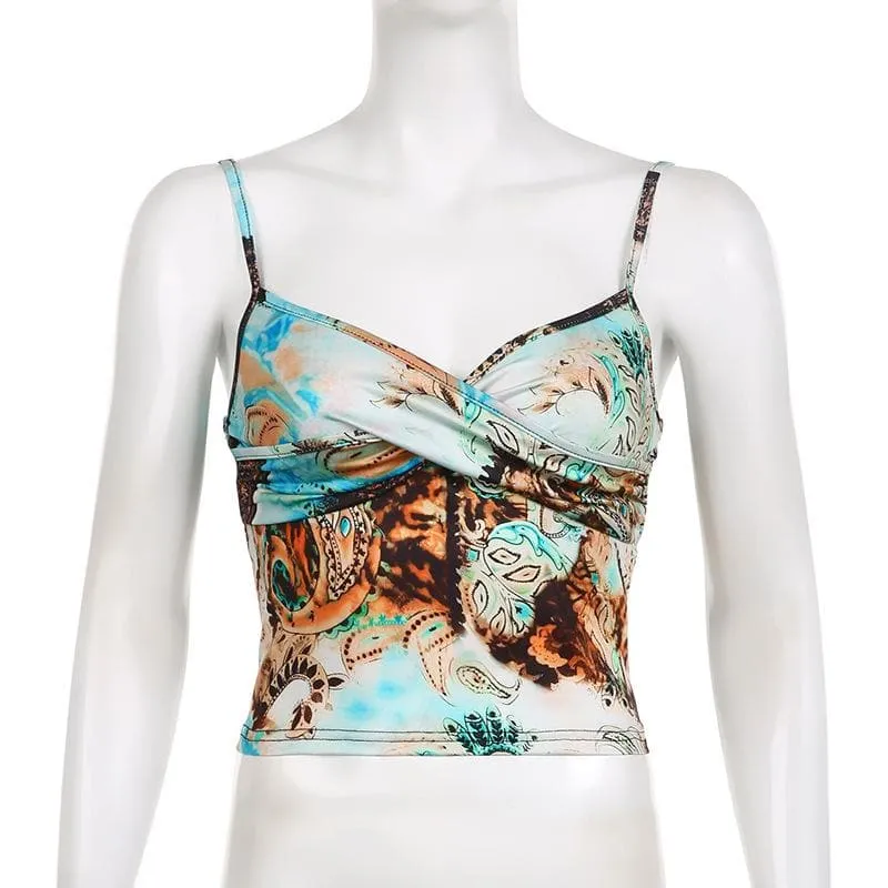 Abstract print ruched contrast v neck backless cami crop top - Final Sale