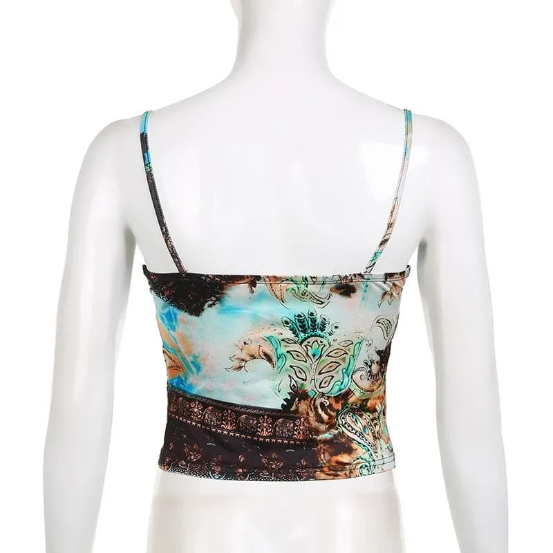 Abstract print ruched contrast v neck backless cami crop top - Final Sale