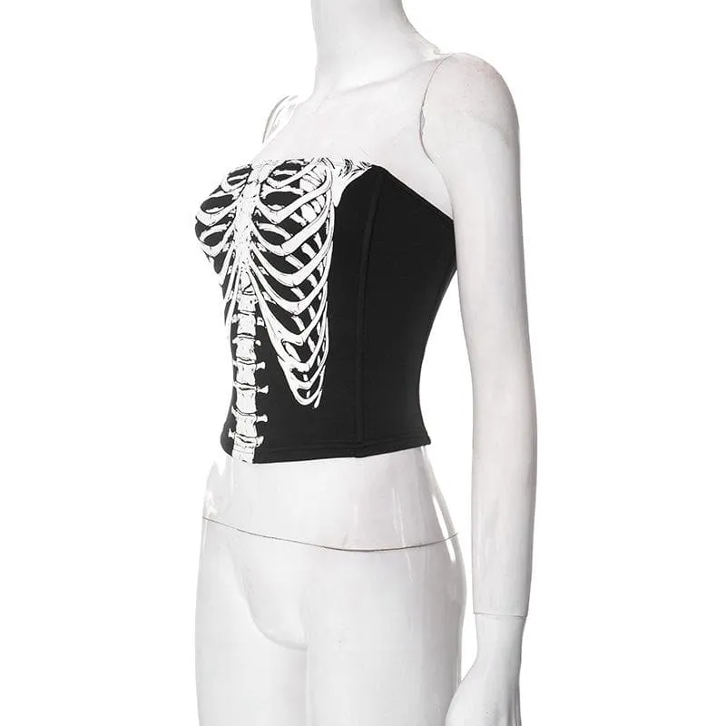 Backless zip-up skull pattern contrast tube top