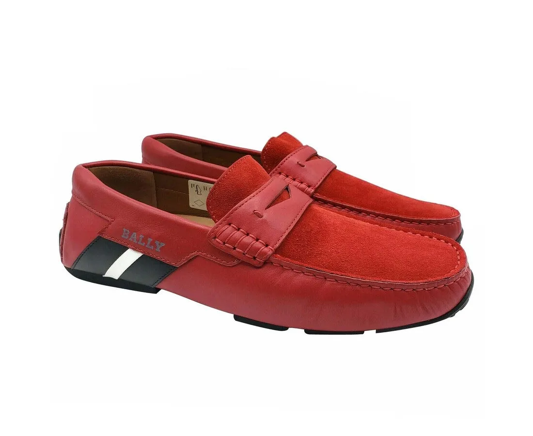 Bally Men's Red Piotre Leather / Suede With Black / White Web Logo Slip On Loafer Shoes (7 EU / 8D US)