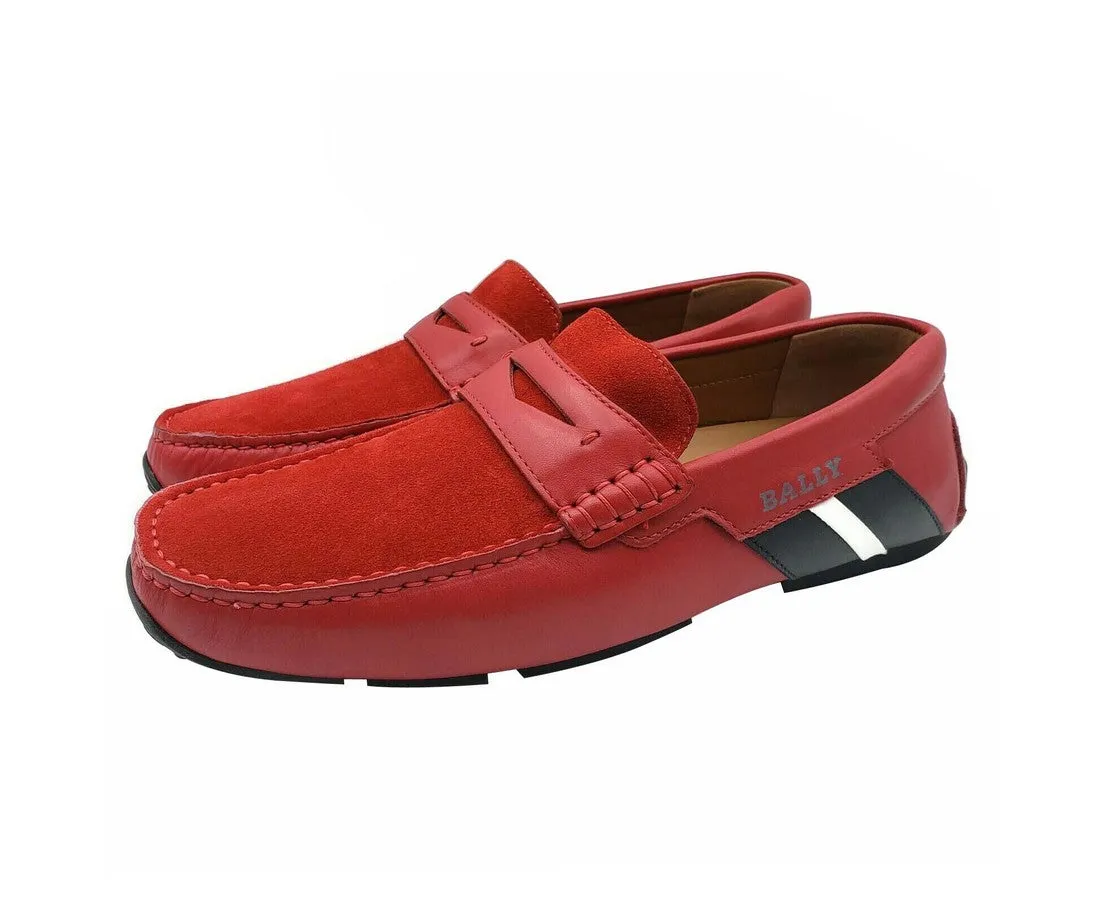 Bally Men's Red Piotre Leather / Suede With Black / White Web Logo Slip On Loafer Shoes (7 EU / 8D US)