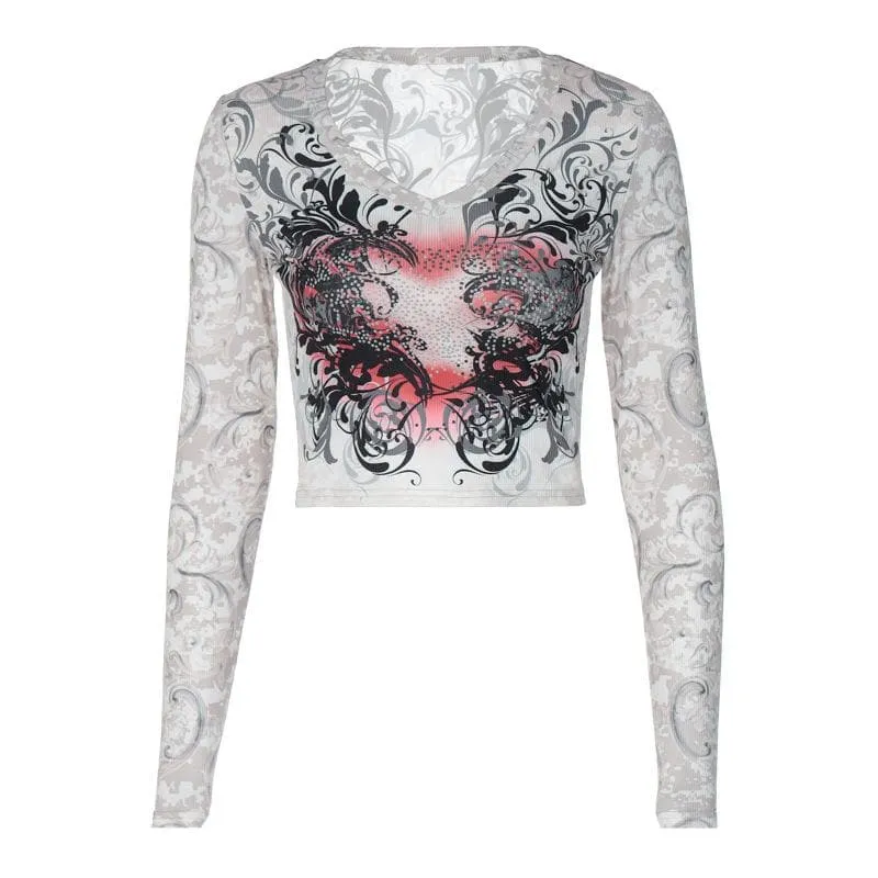 BerryBetty - Abstract contrast long sleeve round neck crop top