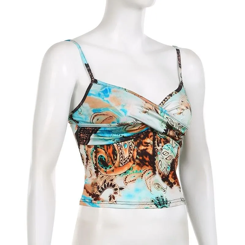 BerryBetty - Abstract print ruched contrast v neck backless cami crop top - Final Sale