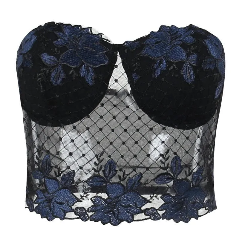 BerryBetty - Backless contrast lace embroidery tube crop top