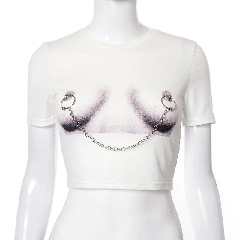 BerryBetty - Body print metal chain contrast short sleeve crop top