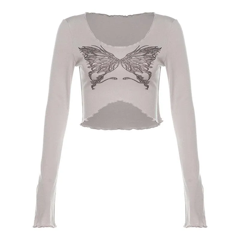 BerryBetty - Butterfly pattern ruffle long sleeve contrast crop top