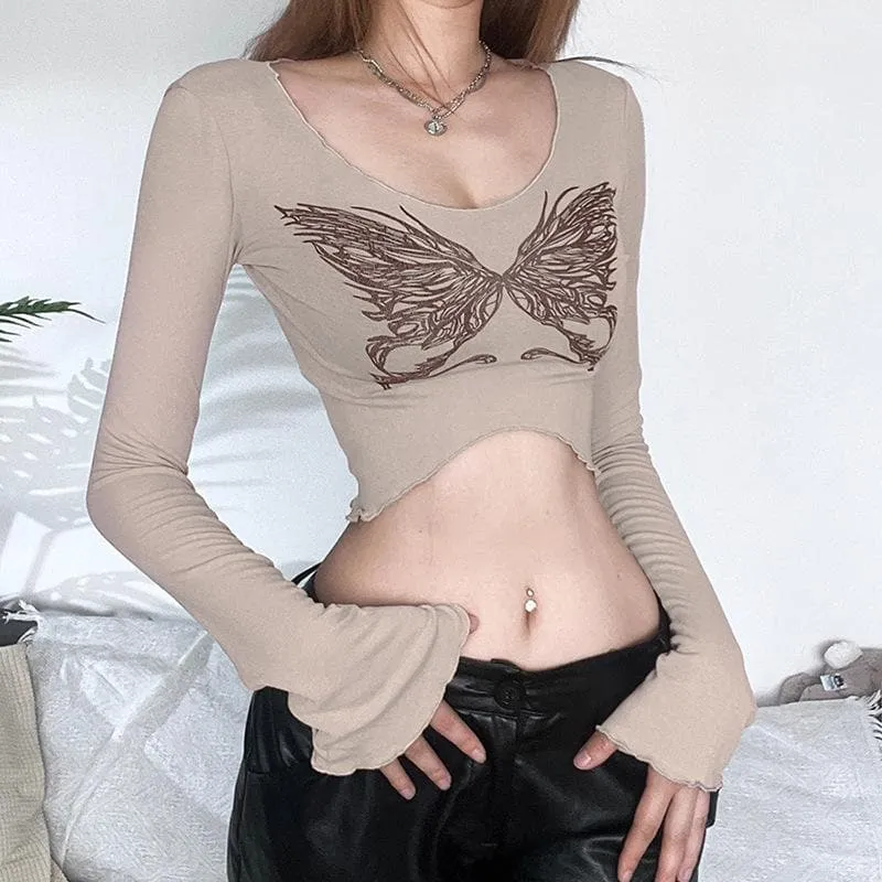 BerryBetty - Butterfly pattern ruffle long sleeve contrast crop top