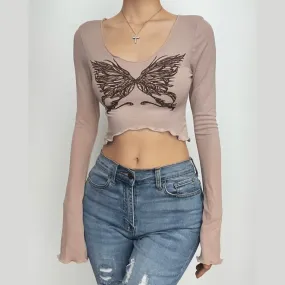 BerryBetty - Butterfly pattern ruffle long sleeve contrast crop top