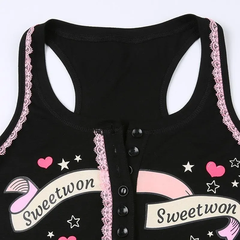 BerryBetty - Button "sweetwon" pattern sleeveless lace hem contrast crop top - Final Sale