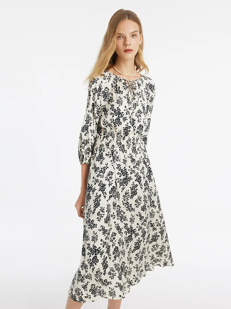 Camellia Printed Gathered Waist Women Midi Dress