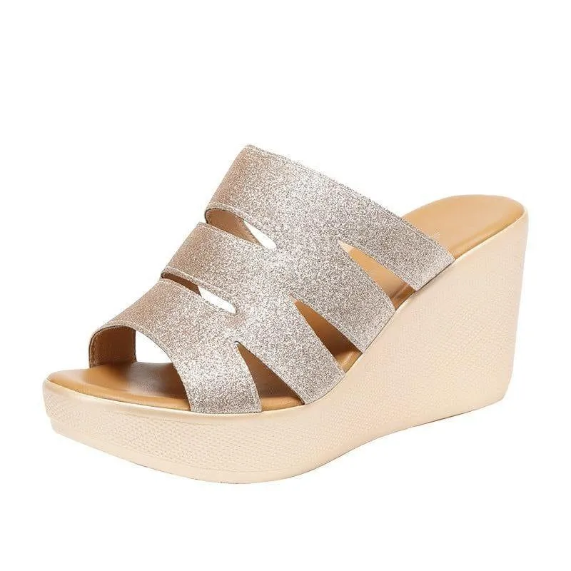 GY320 Woman's Casual Shoes: Gold Bling High Heels Wedges Sandals