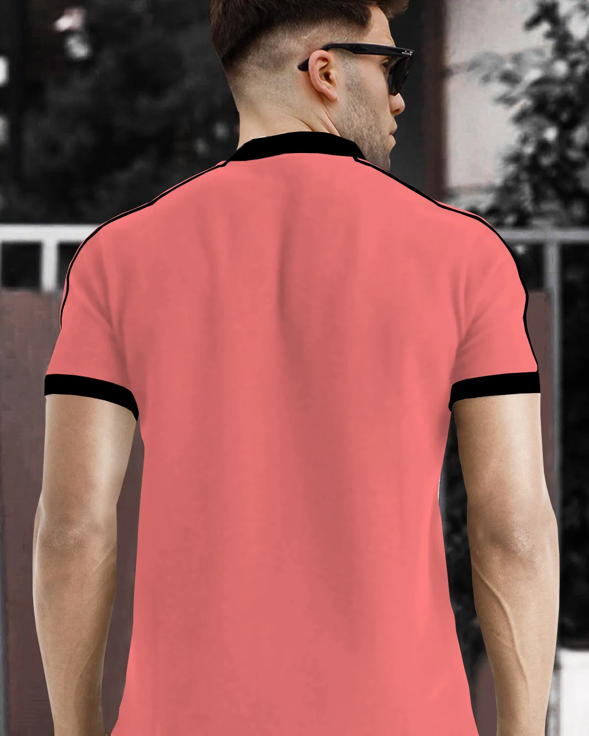 Men Pink Neck Half Sleeve Zip Black Piping T-shirt