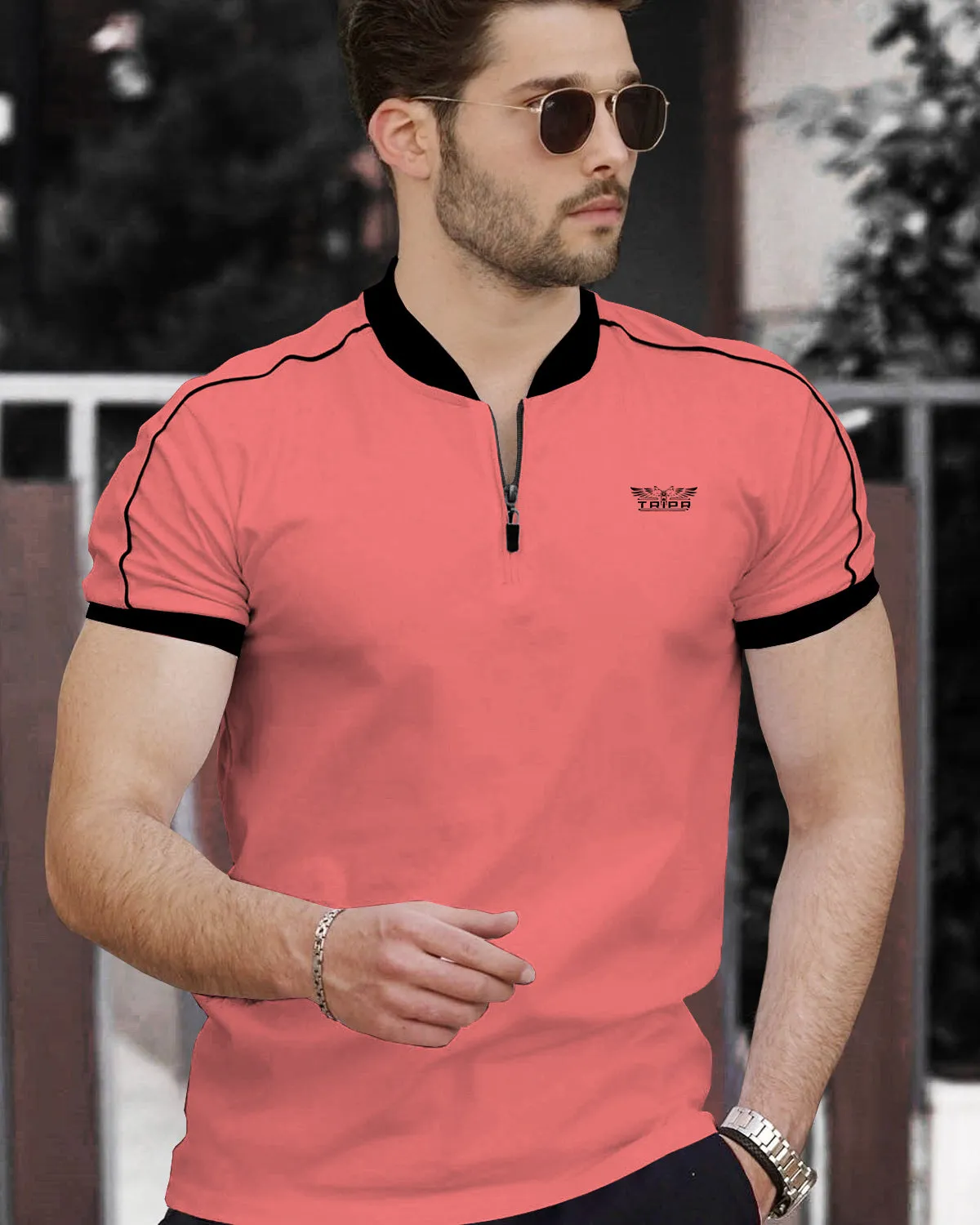 Men Pink Neck Half Sleeve Zip Black Piping T-shirt