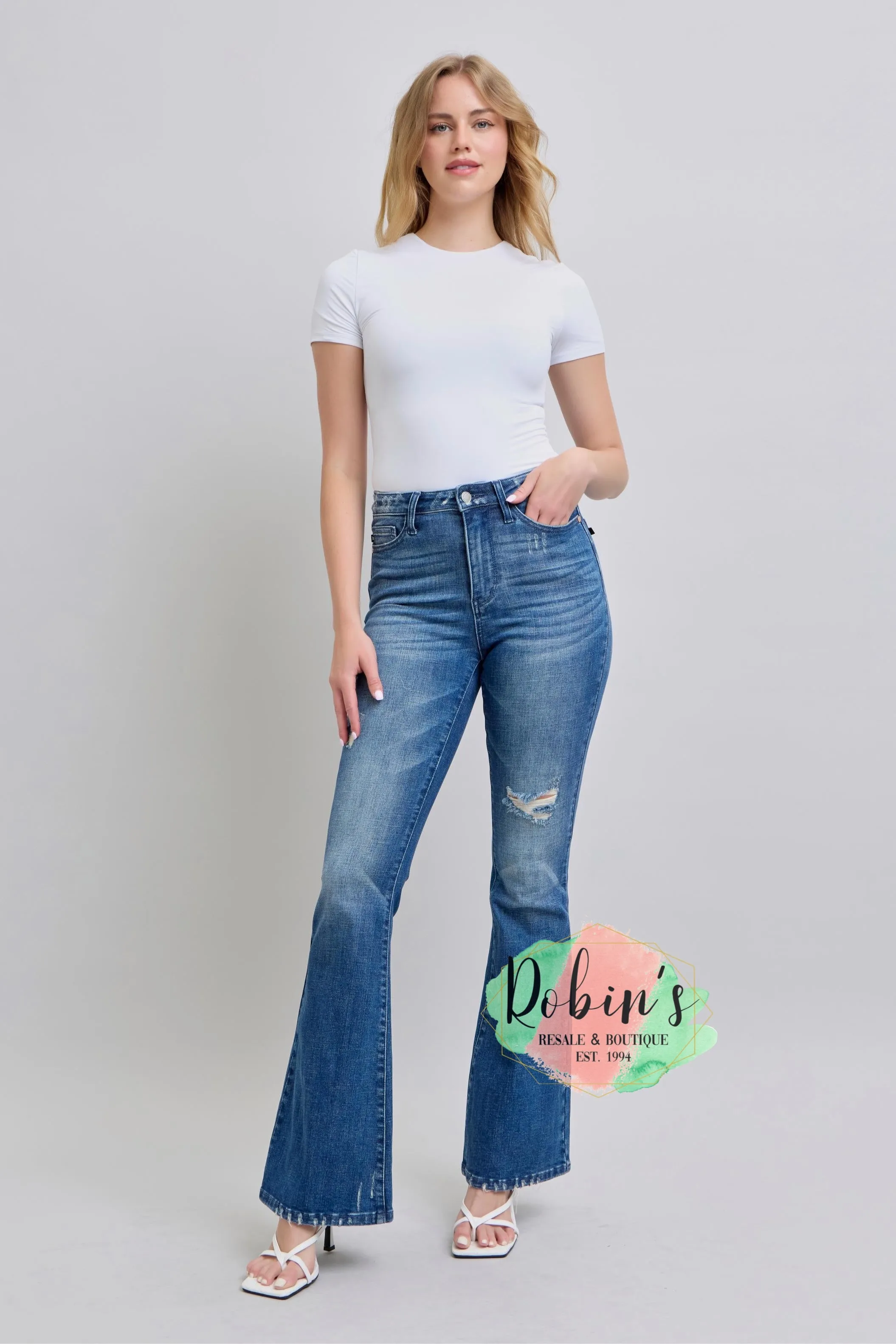 PREORDER JUDY BLUE HW  Contrast Wash Destroy Flare Jeans