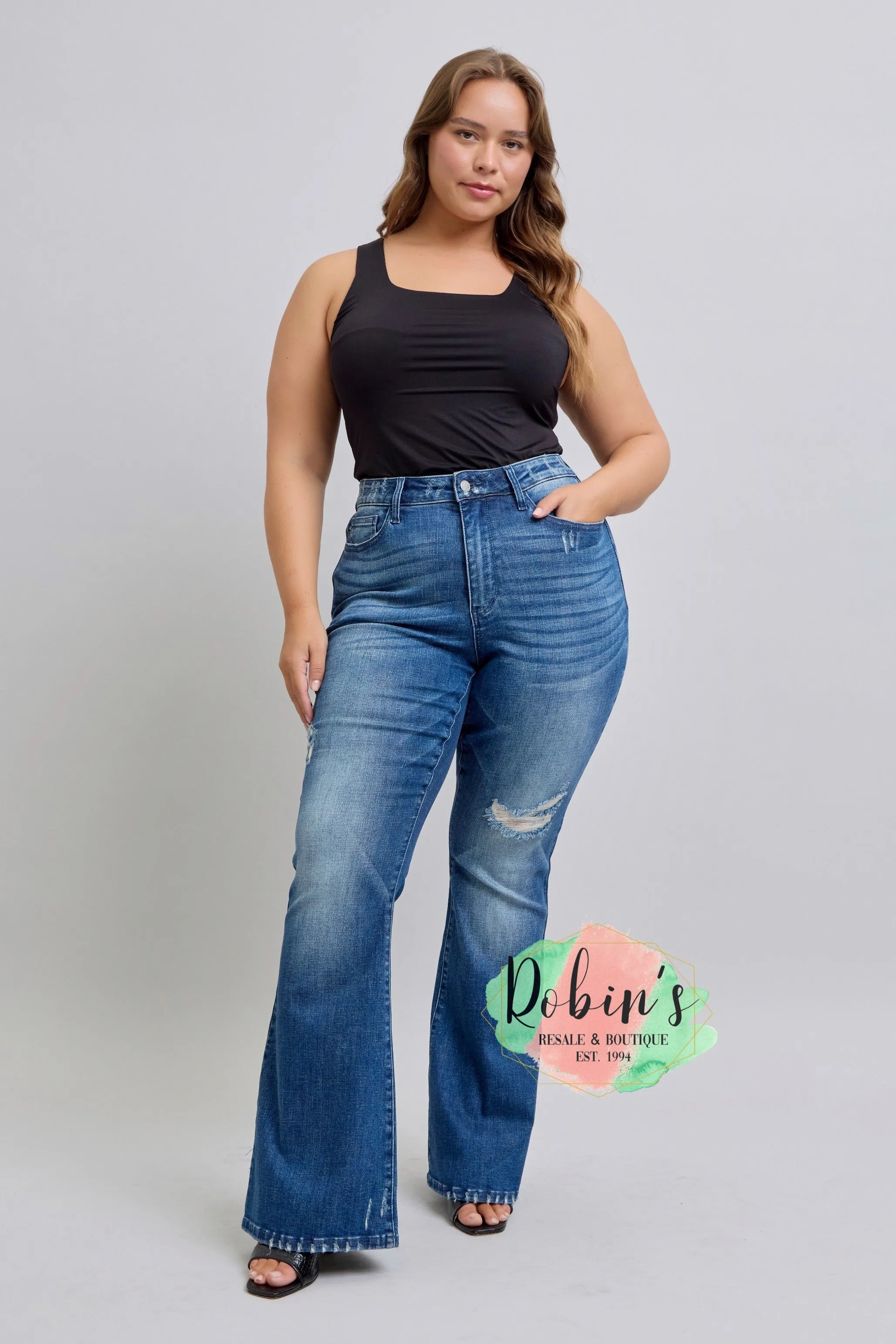 PREORDER JUDY BLUE HW  Contrast Wash Destroy Flare Jeans