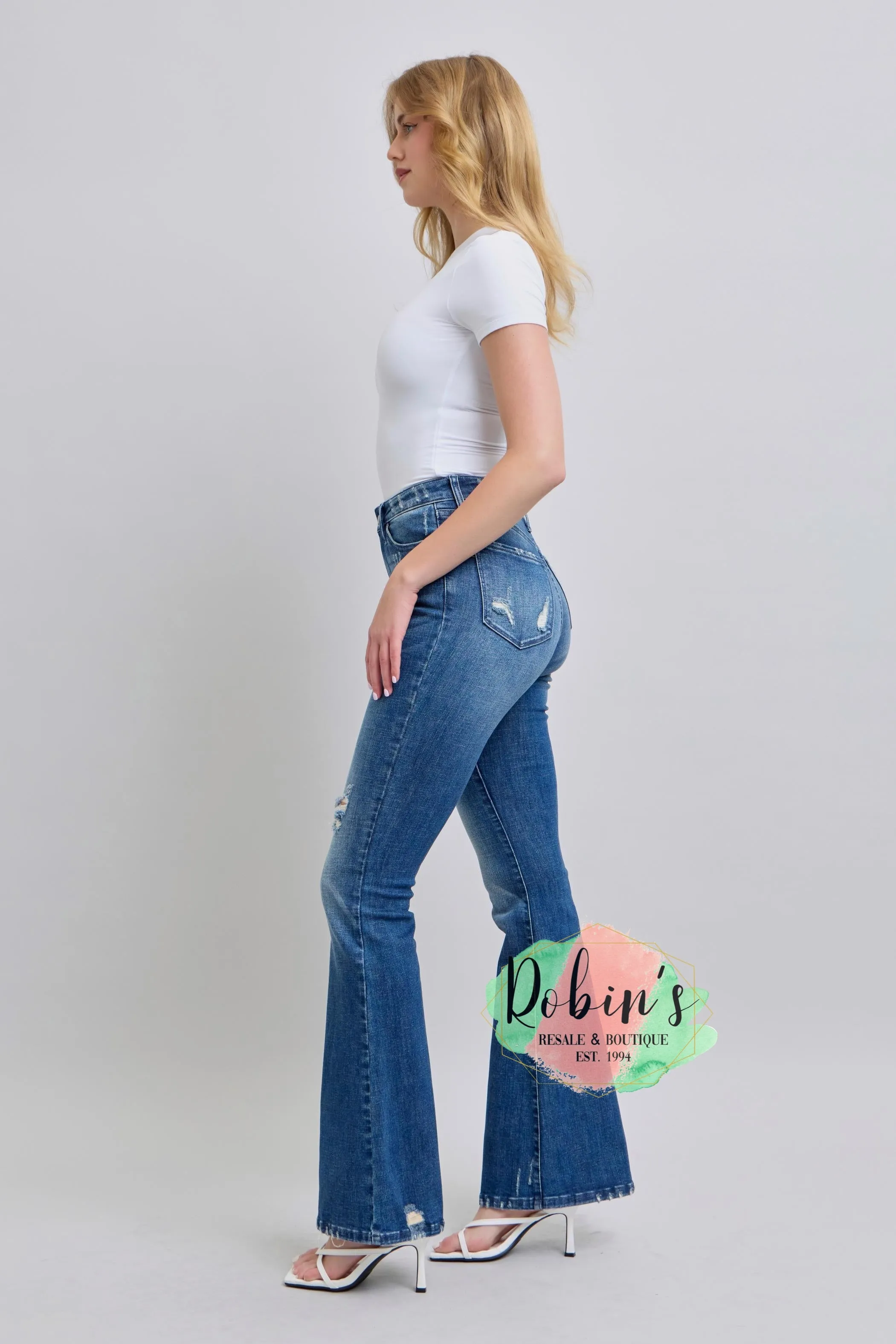 PREORDER JUDY BLUE HW  Contrast Wash Destroy Flare Jeans