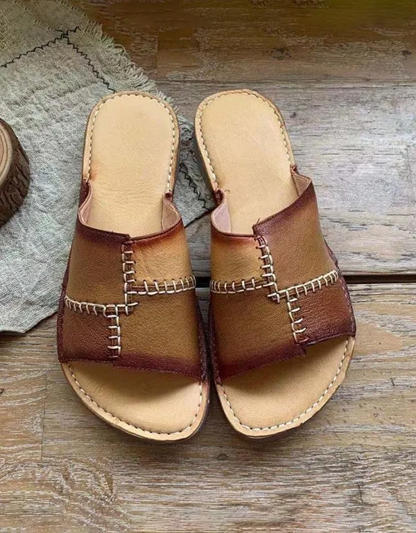 Women's Color-stitching Leather Retro Slippers